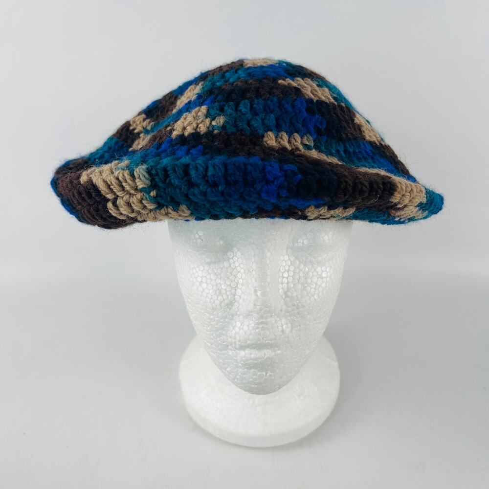 Handmade Crochet Beret Slouch Round Hat Blue Brown - Picture 4 of 4